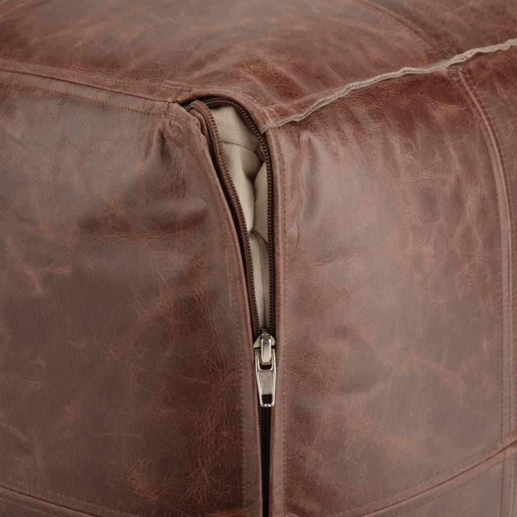 18" Brown Genuine Leather Pouf Ottoman