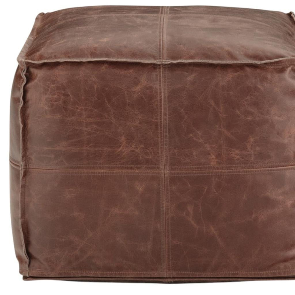 18" Brown Genuine Leather Pouf Ottoman