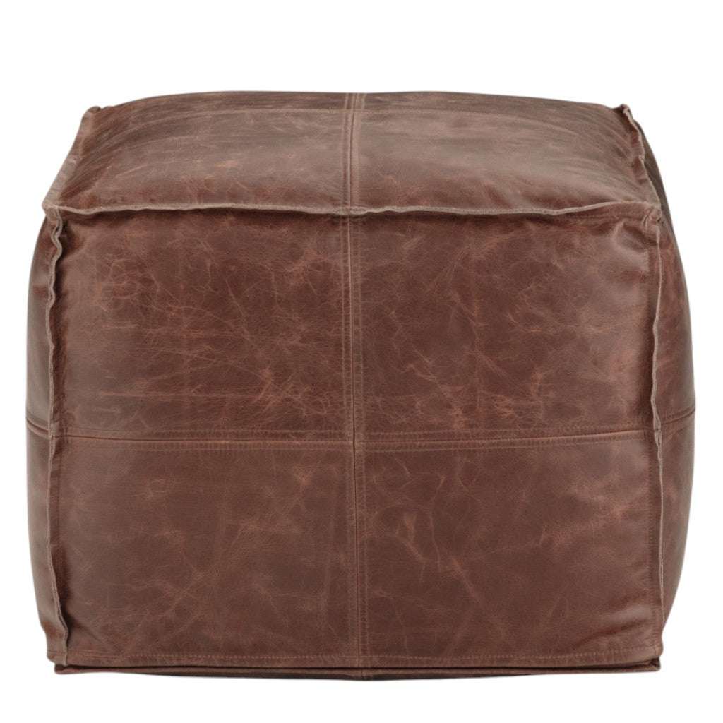18" Brown Genuine Leather Pouf Ottoman