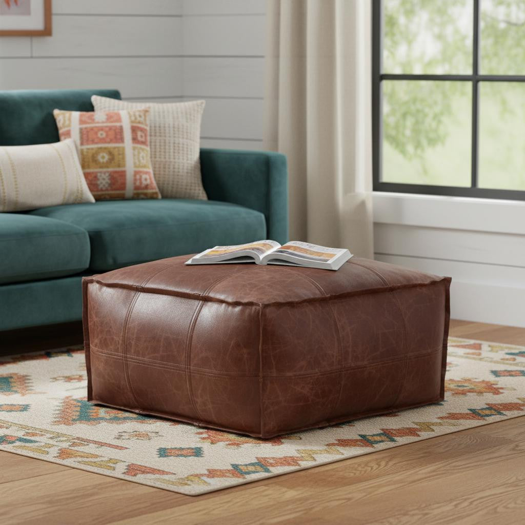 26" Dark Brown Leather Pouf Ottoman