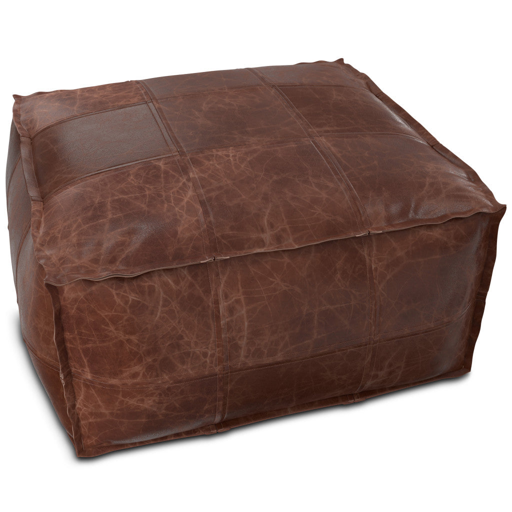 26" Dark Brown Leather Pouf Ottoman