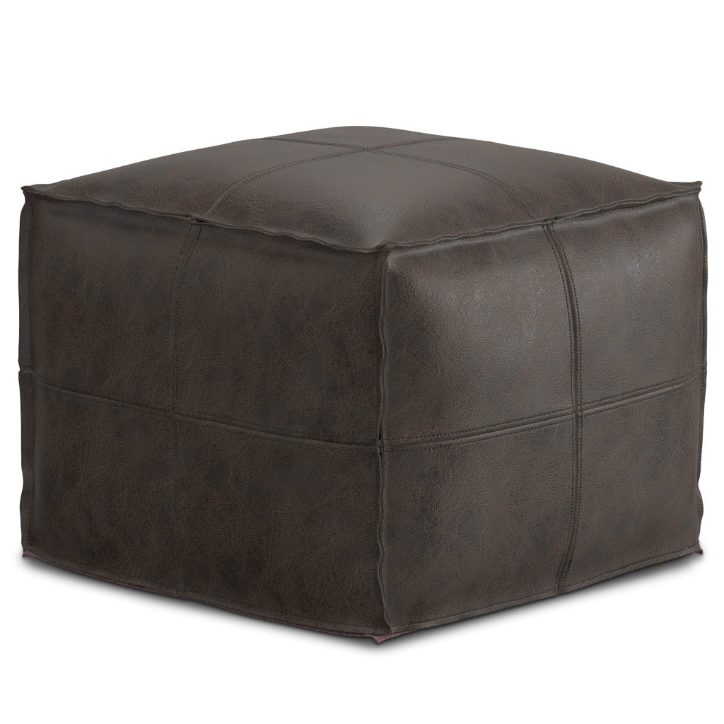 18" Dark Brown Genuine Leather Pouf Ottoman