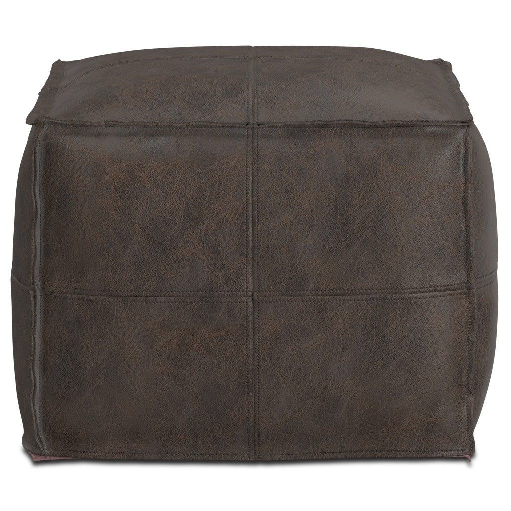 18" Dark Brown Genuine Leather Pouf Ottoman