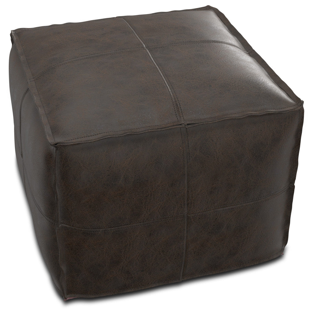 18" Dark Brown Genuine Leather Pouf Ottoman