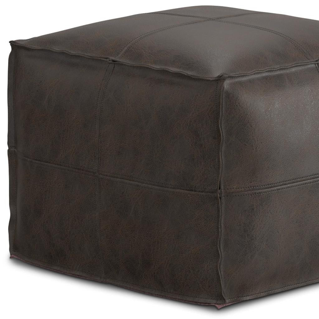 18" Dark Brown Genuine Leather Pouf Ottoman