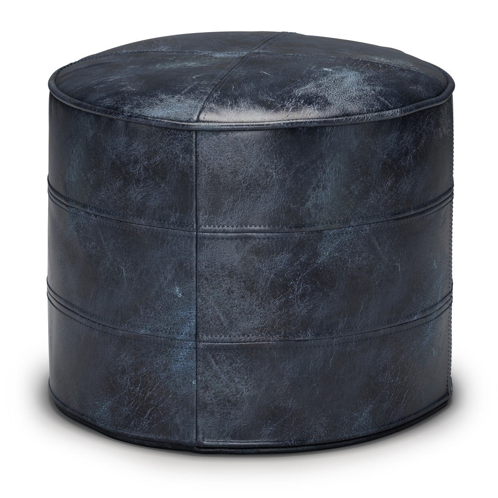 18" Navy Blue and Blue Genuine Leather Round Pouf Ottoman