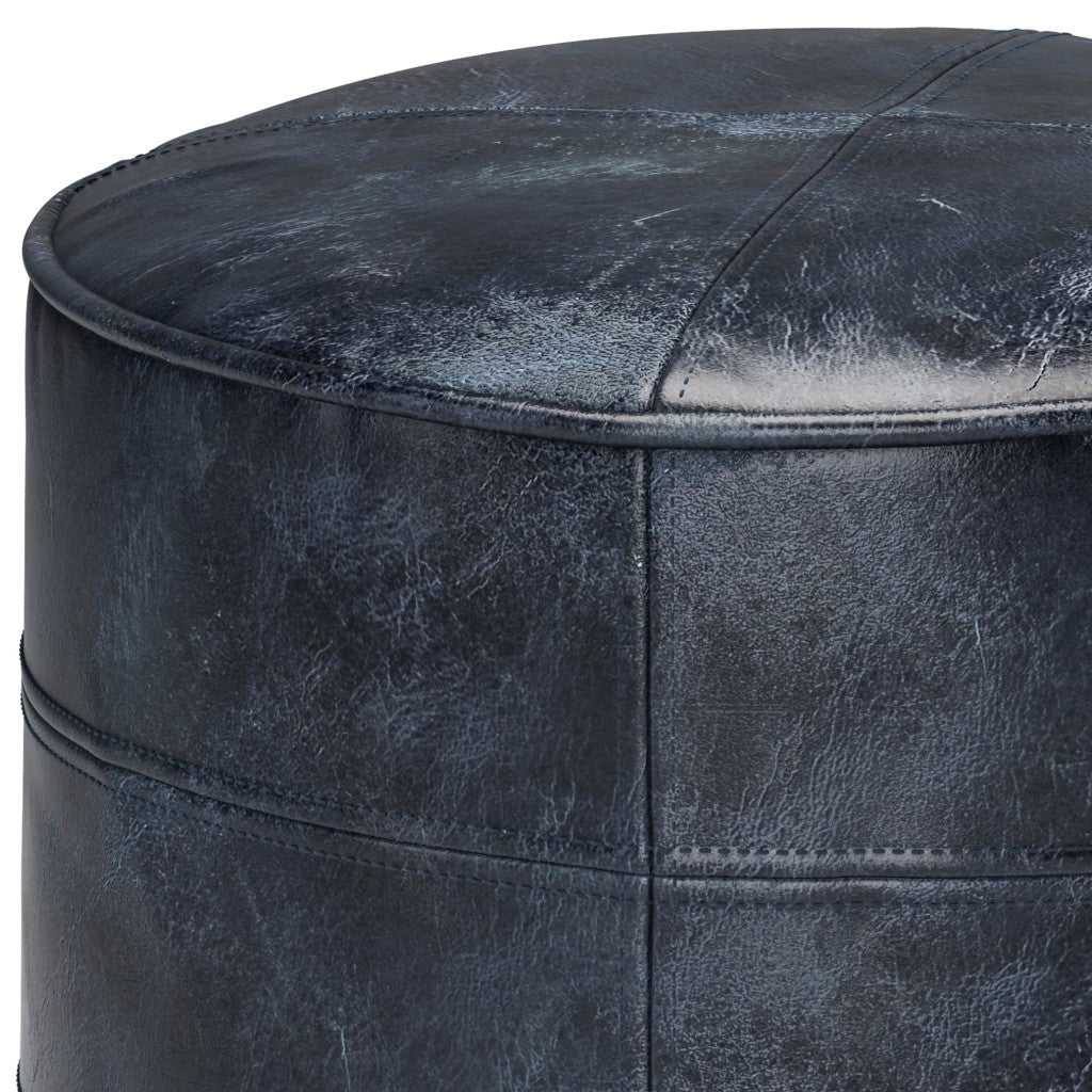 18" Navy Blue and Blue Genuine Leather Round Pouf Ottoman