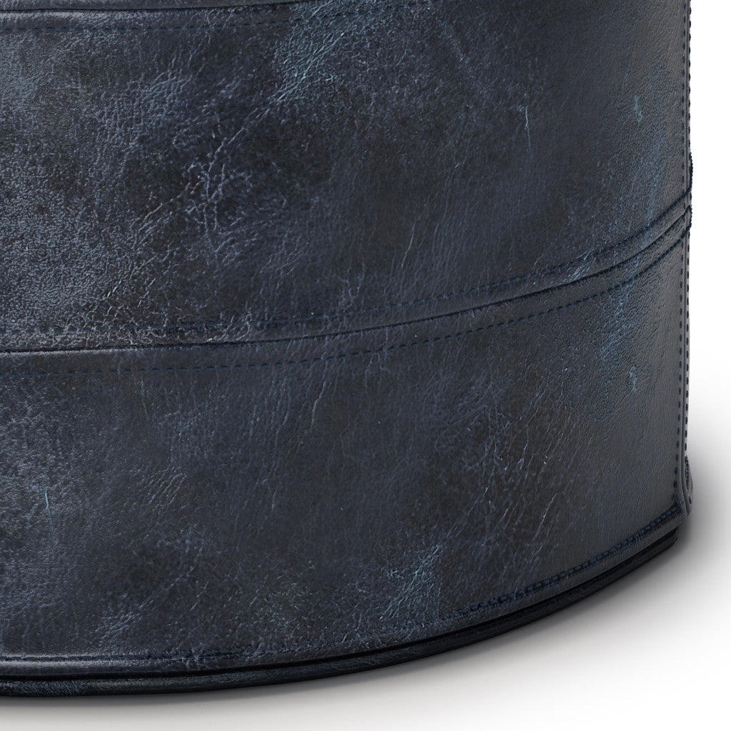 18" Navy Blue and Blue Genuine Leather Round Pouf Ottoman