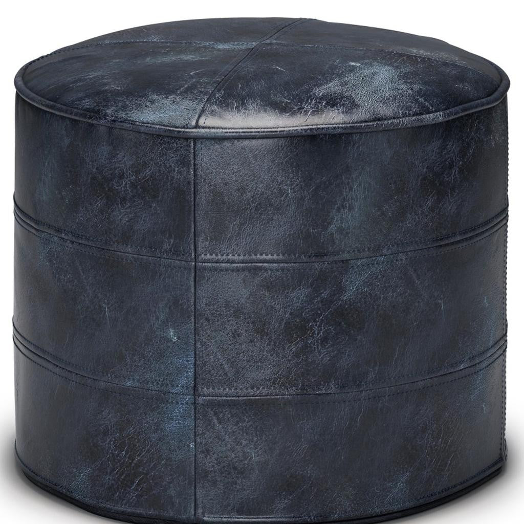 18" Navy Blue and Blue Genuine Leather Round Pouf Ottoman