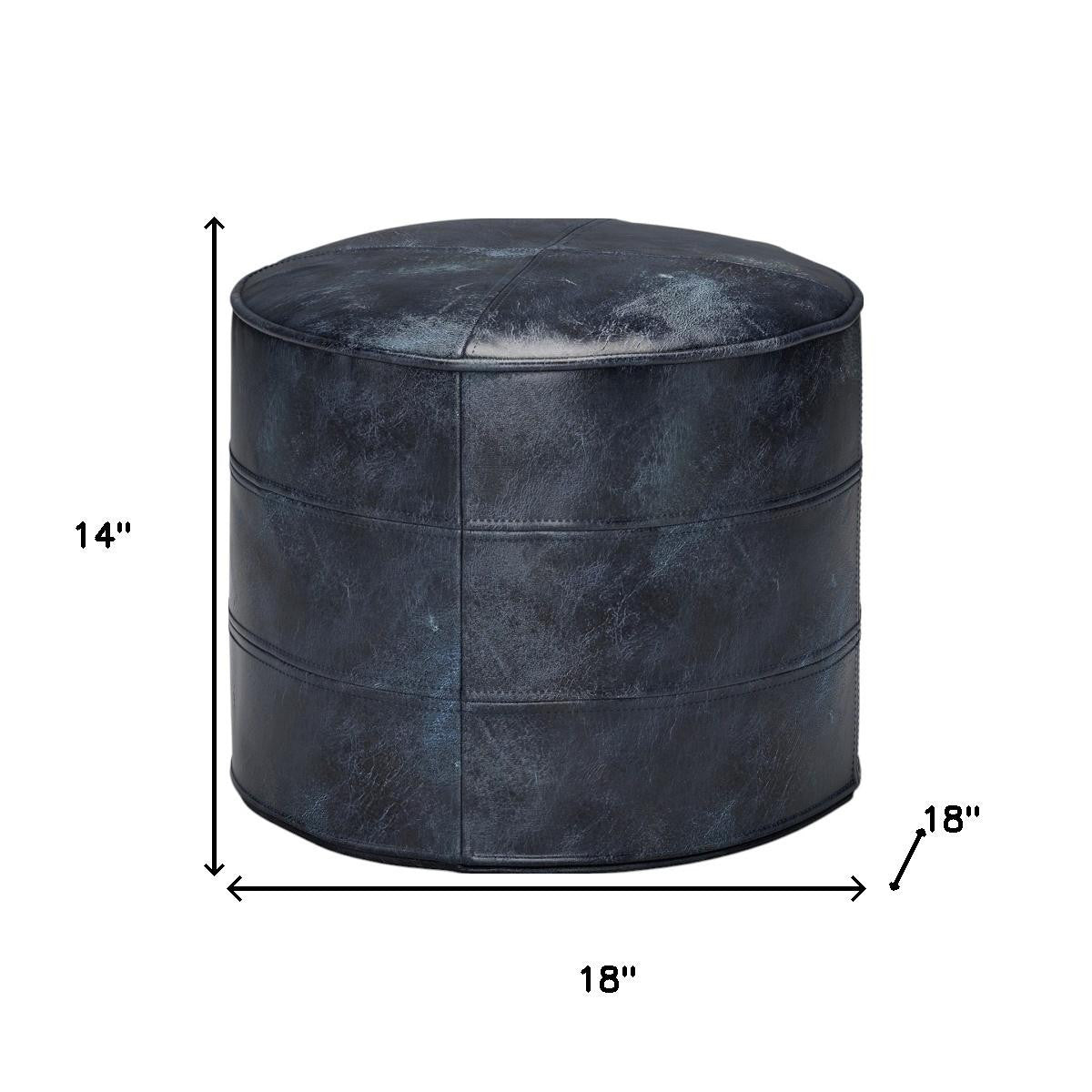 18" Navy Blue and Blue Genuine Leather Round Pouf Ottoman