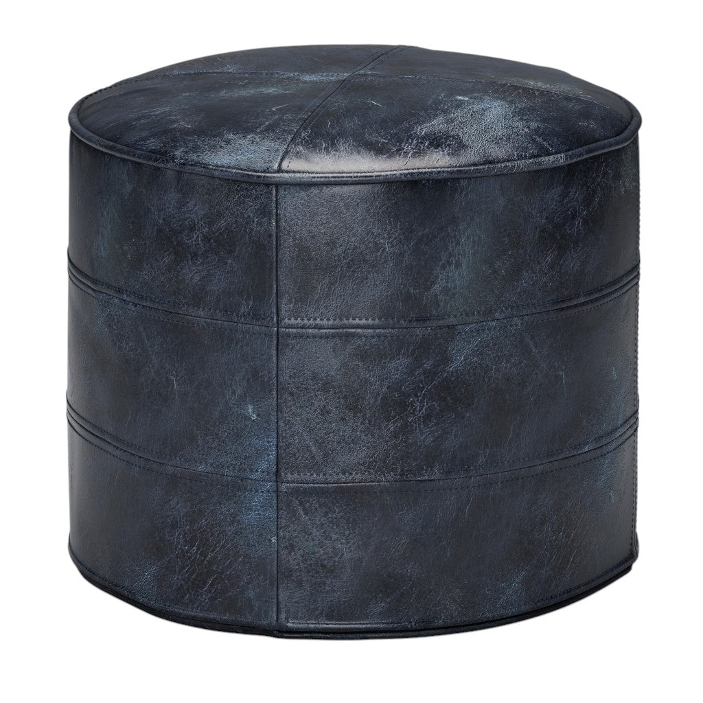 18" Navy Blue and Blue Genuine Leather Round Pouf Ottoman