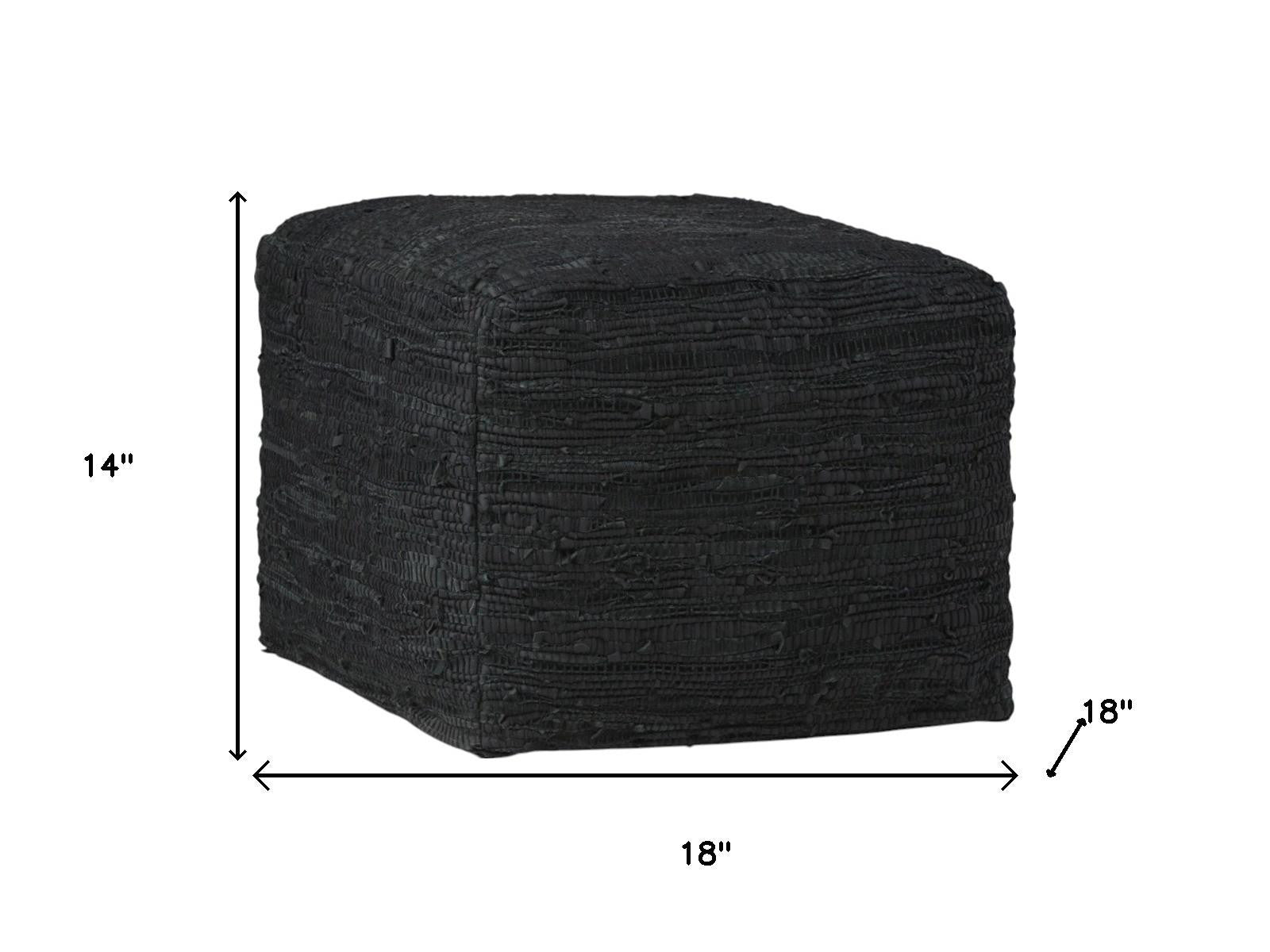 18" Black Genuine Leather Pouf Ottoman