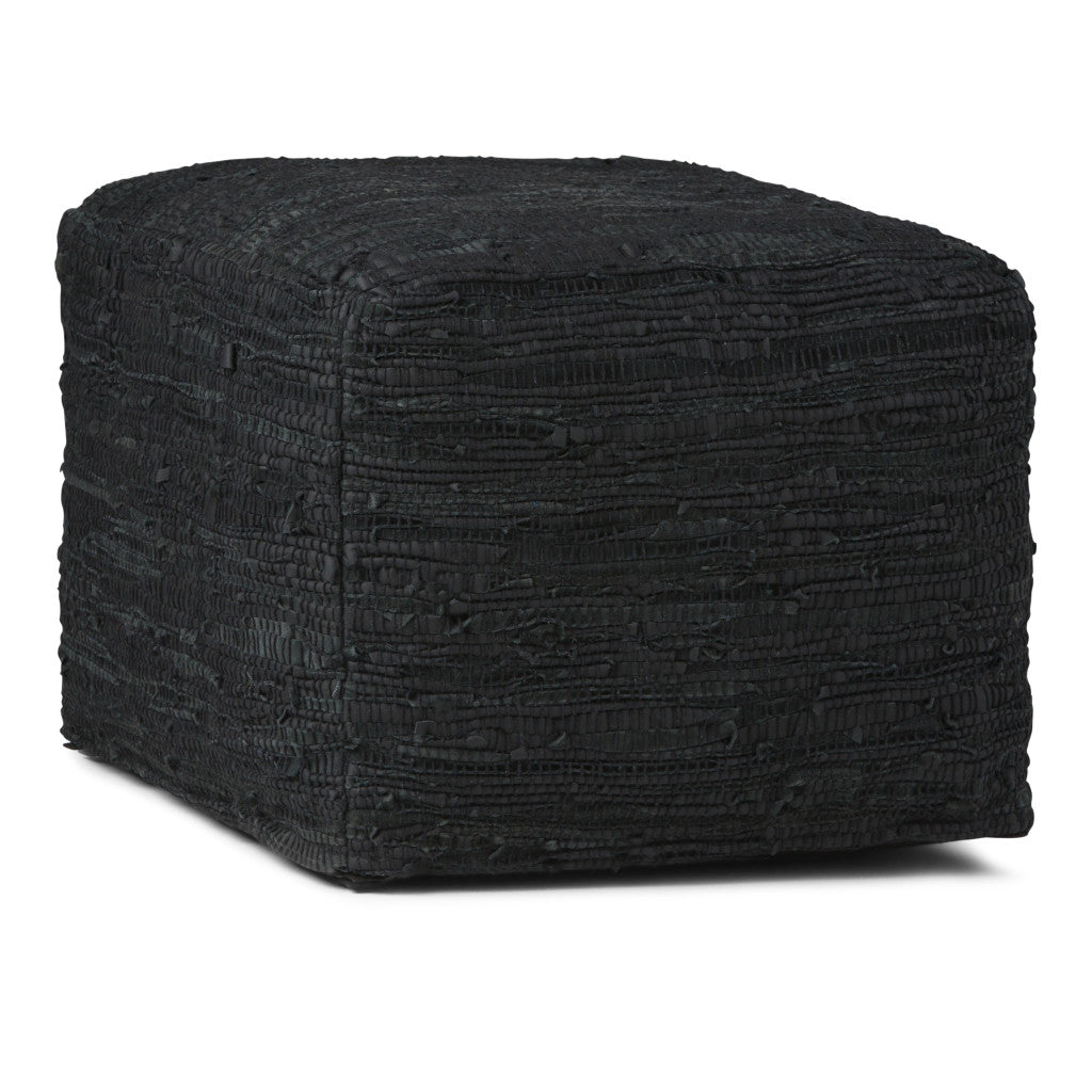 18" Black Genuine Leather Pouf Ottoman