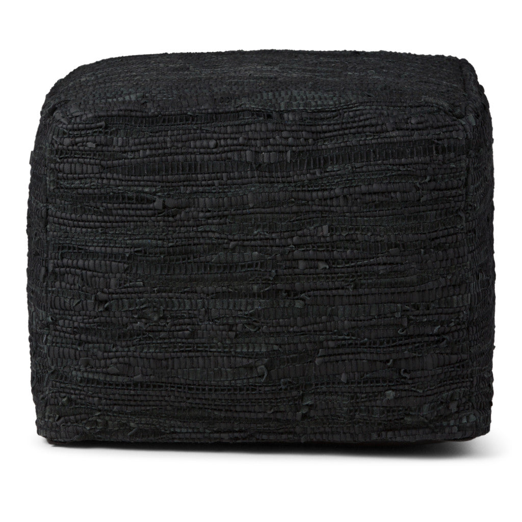 18" Black Genuine Leather Pouf Ottoman