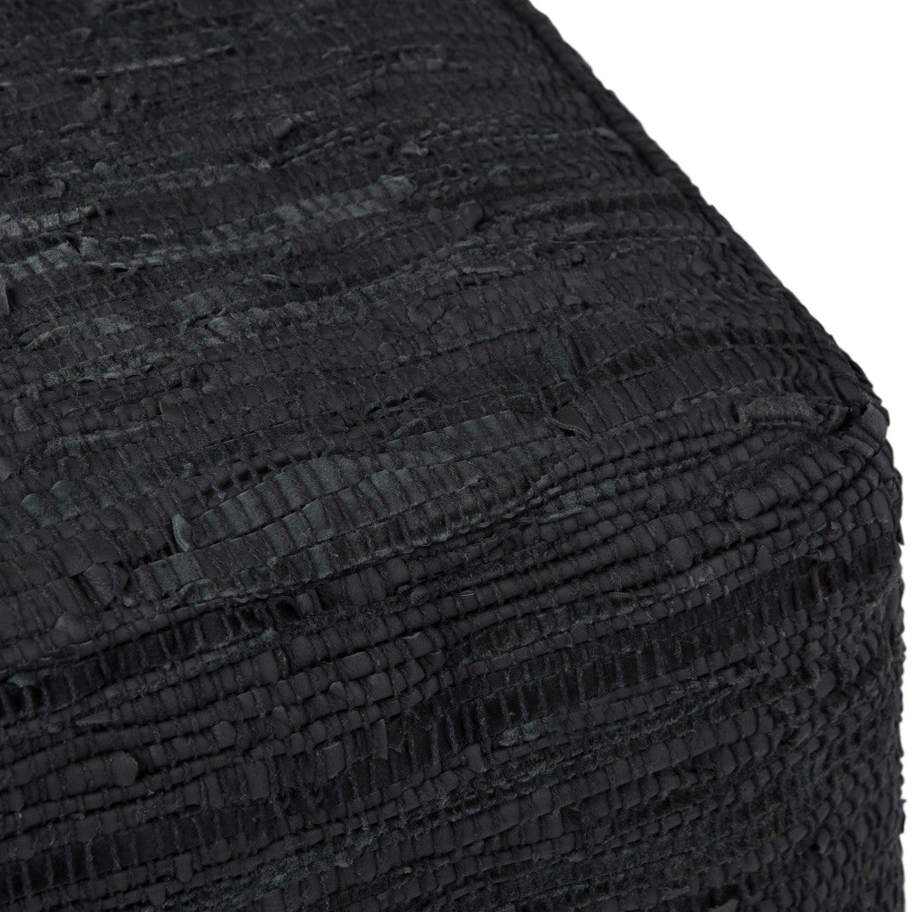 18" Black Genuine Leather Pouf Ottoman