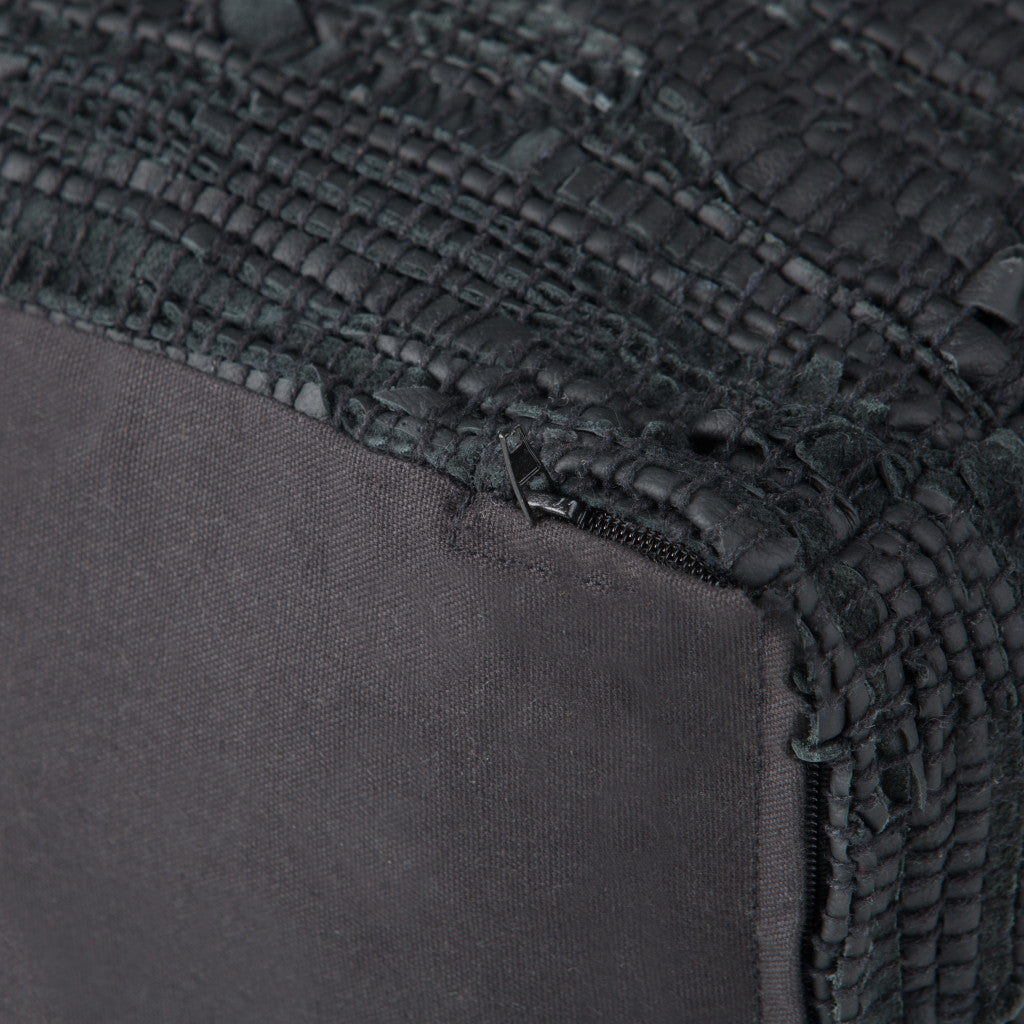 18" Black Genuine Leather Pouf Ottoman