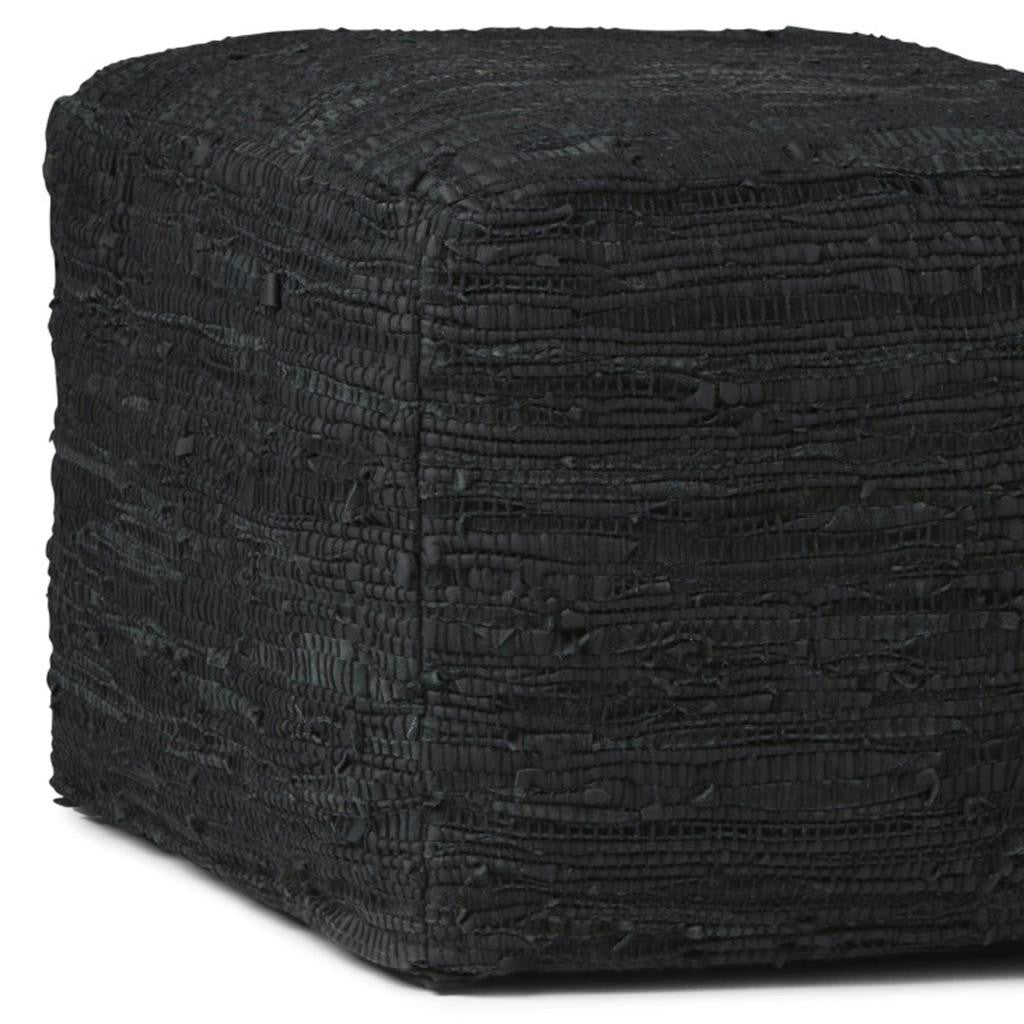 18" Black Genuine Leather Pouf Ottoman