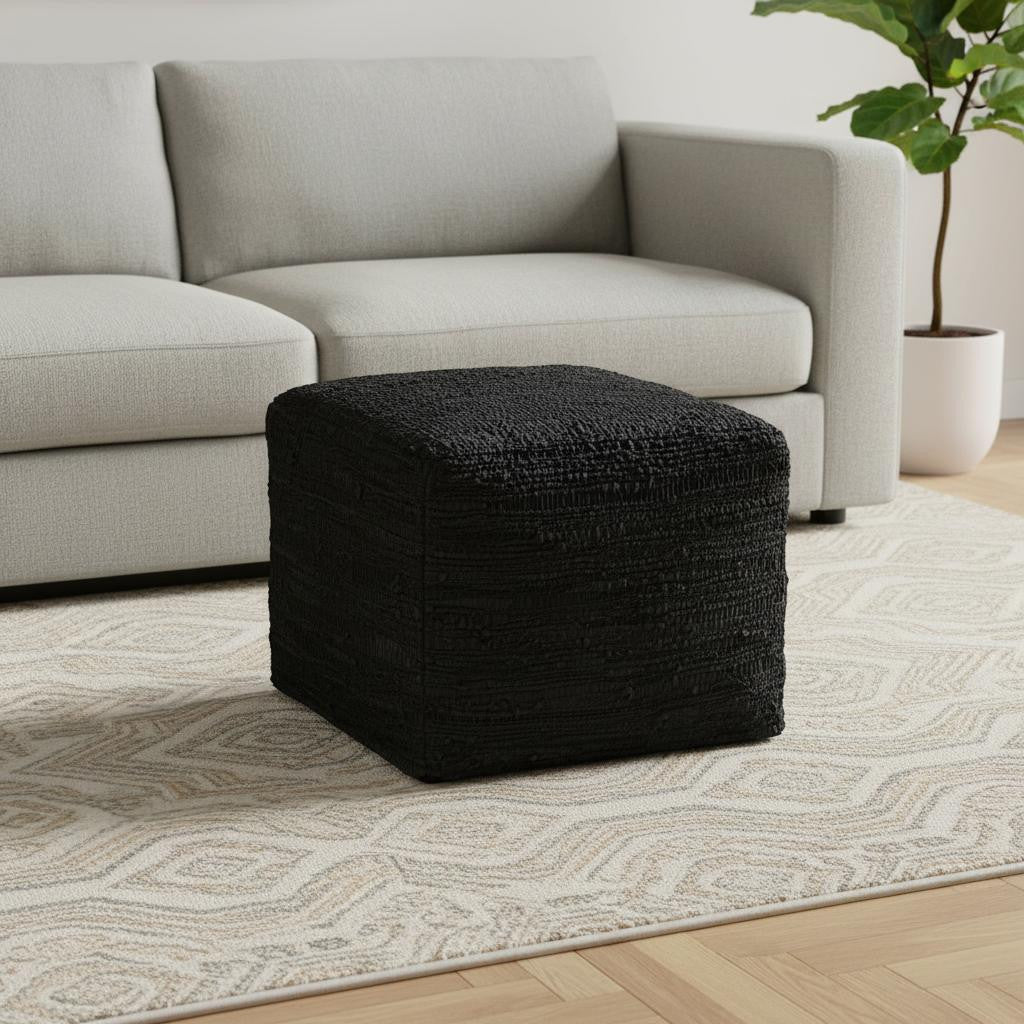 18" Black Genuine Leather Pouf Ottoman