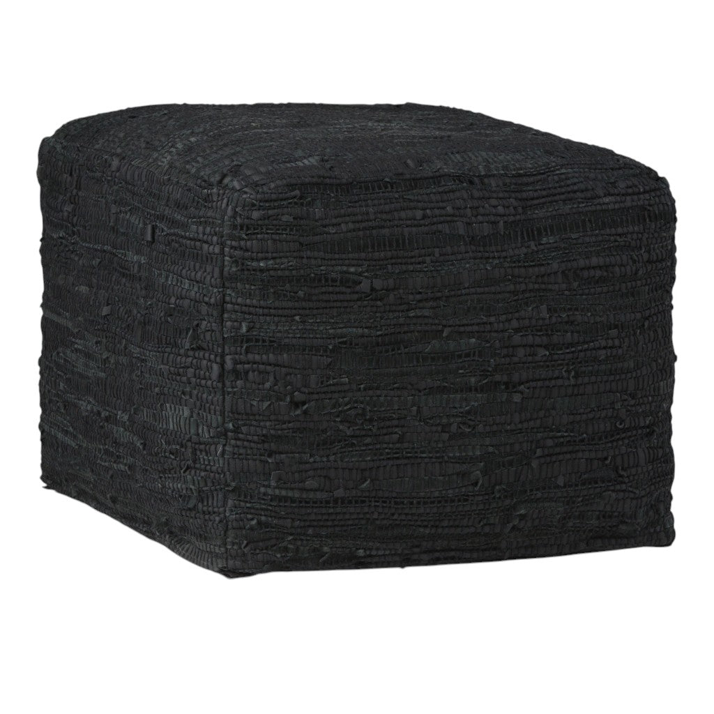 18" Black Genuine Leather Pouf Ottoman