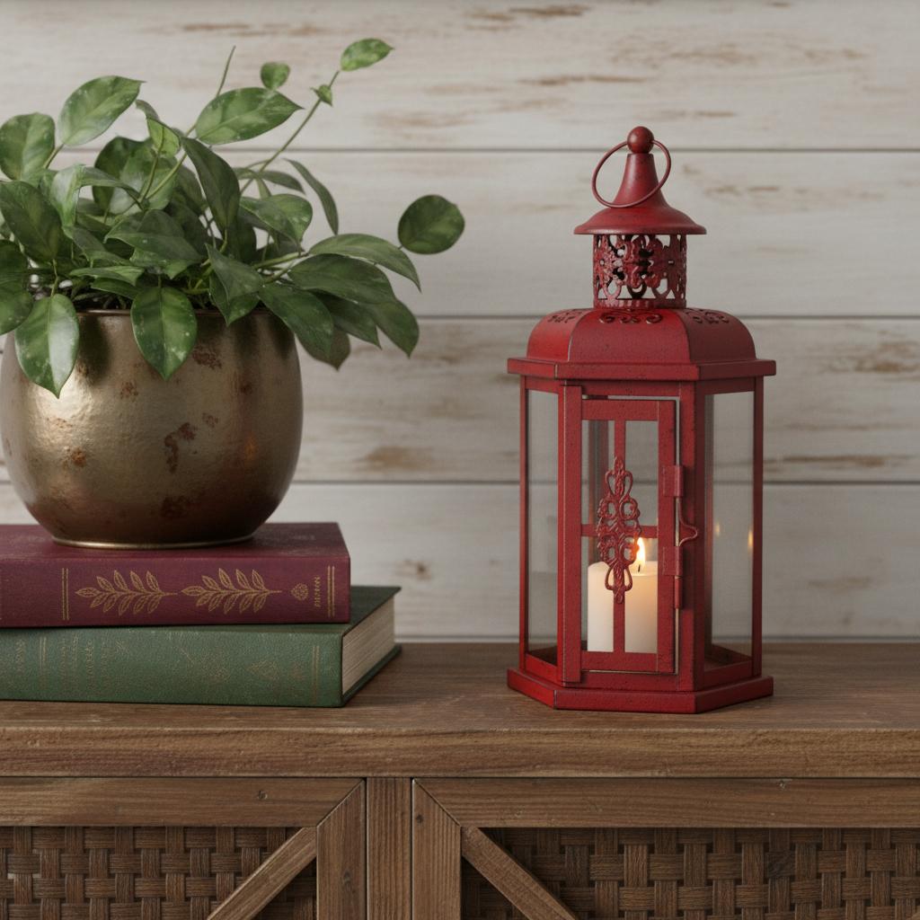10" Red Distressed Filigree Metal Tabletop Lantern Candle Holder