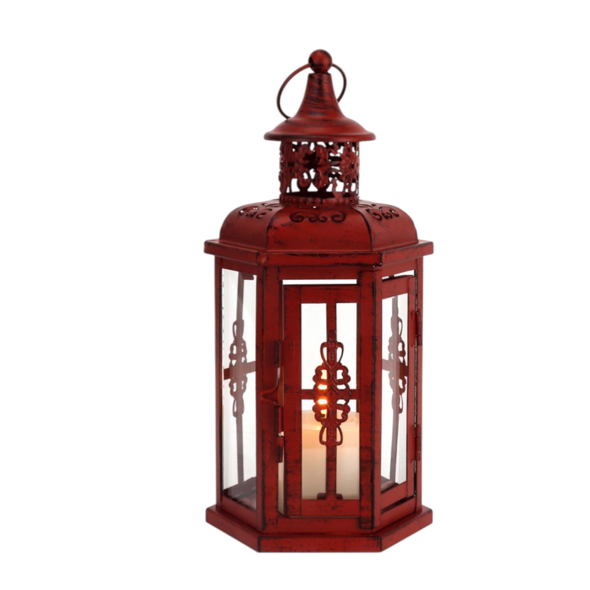 10" Red Distressed Filigree Metal Tabletop Lantern Candle Holder