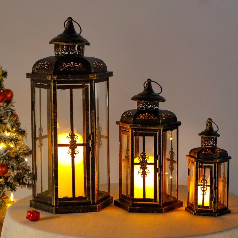 Set of Three Black And Gold Distressed Filigree Metal Tabletop Lantern Candle Holders