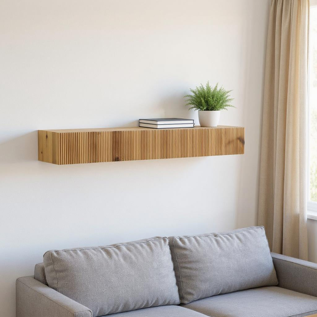 59" Natural Ribbed Texture Solid Wood Wall Mounted Mantel Floating Shelf
