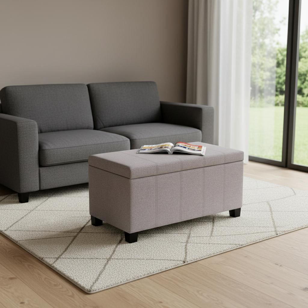 36" Light Gray and Dark Brown Faux Linen and Solid Wood Upholstered Storage Bench With Flip Top