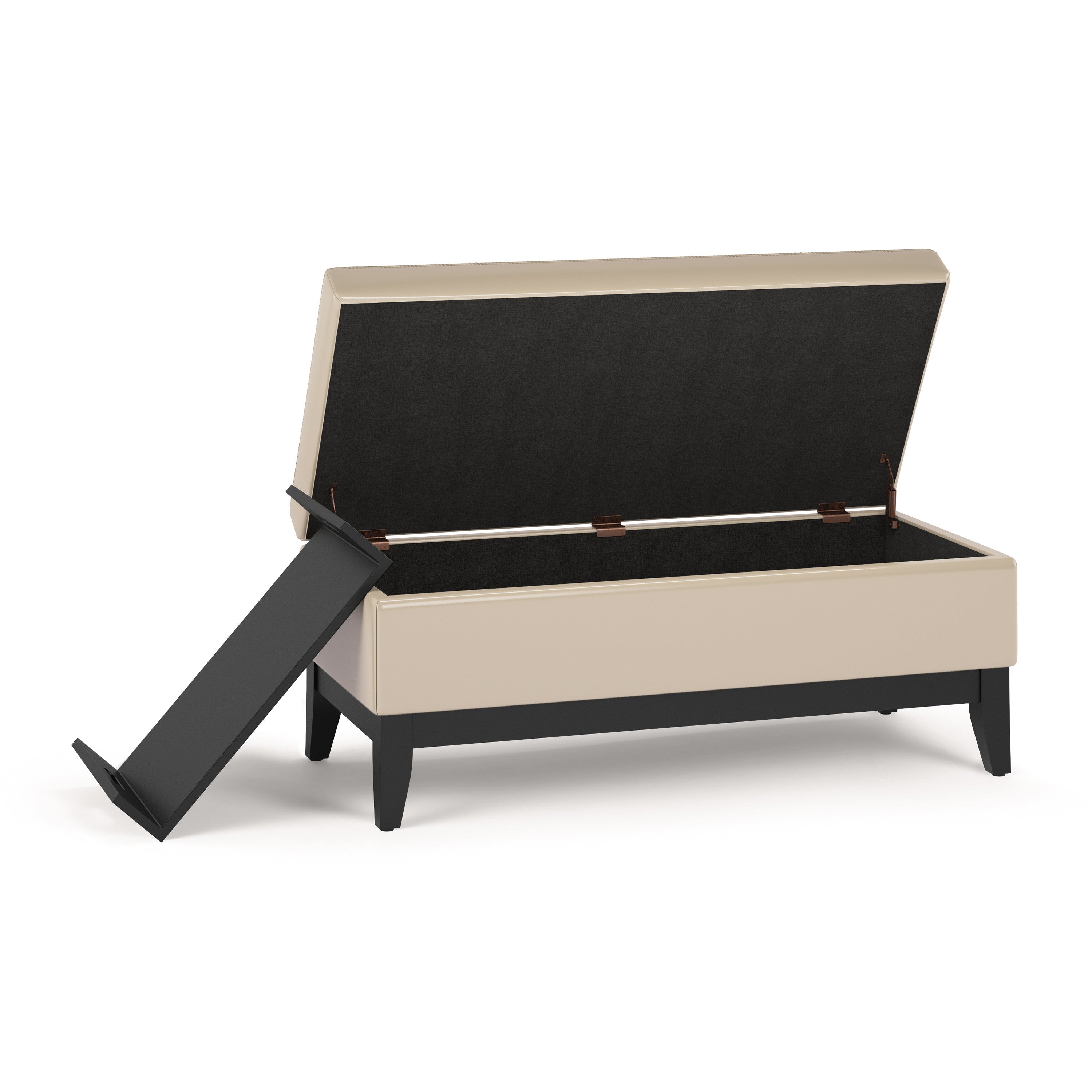 42" Cream and Dark Brown Tufted Faux Leather and Solid Wood Upholstered Storage Bench With Tray