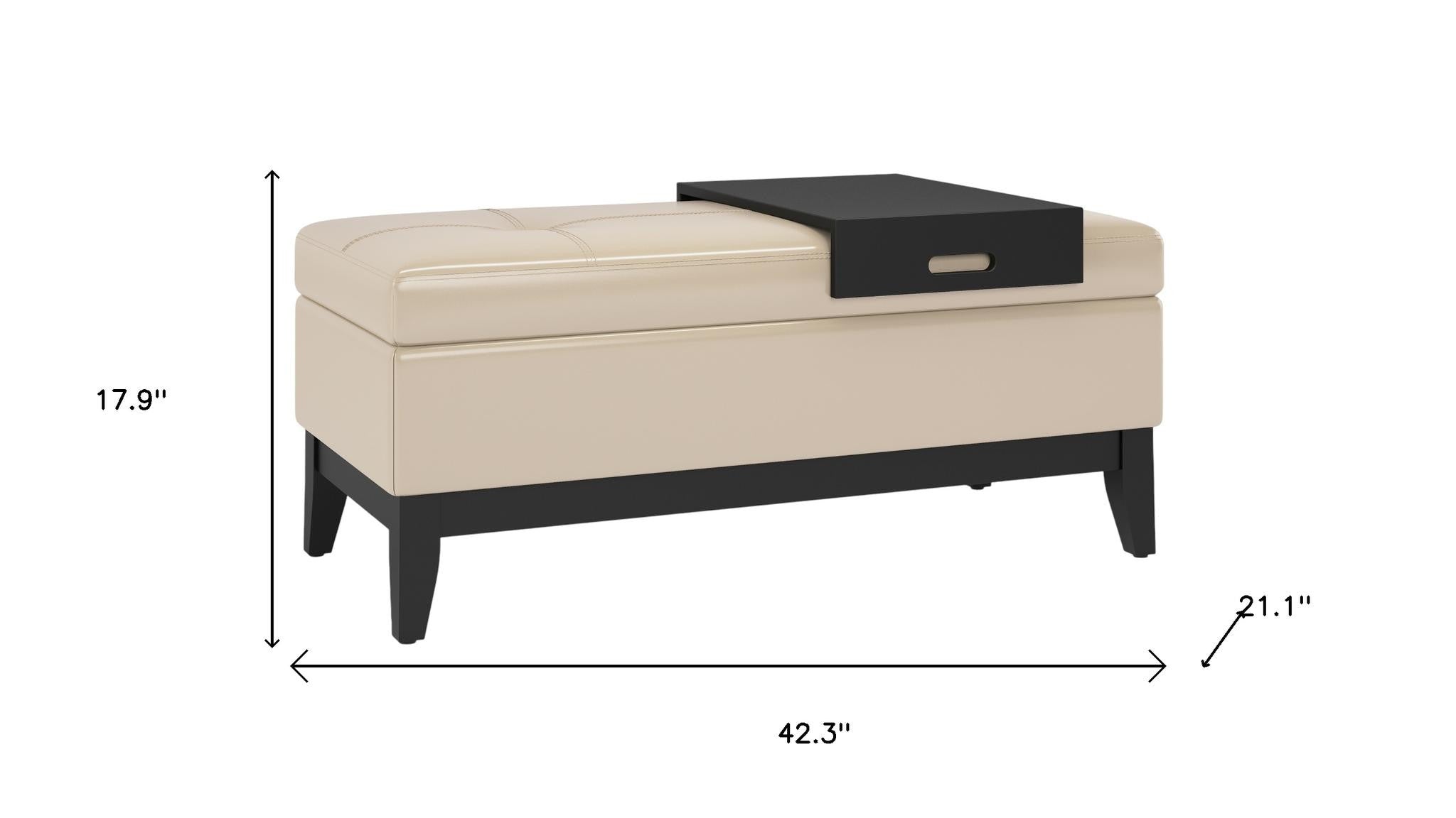 42" Cream and Dark Brown Tufted Faux Leather and Solid Wood Upholstered Storage Bench With Tray