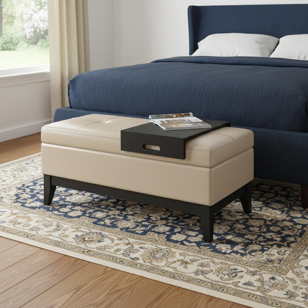 42" Cream and Dark Brown Tufted Faux Leather and Solid Wood Upholstered Storage Bench With Tray