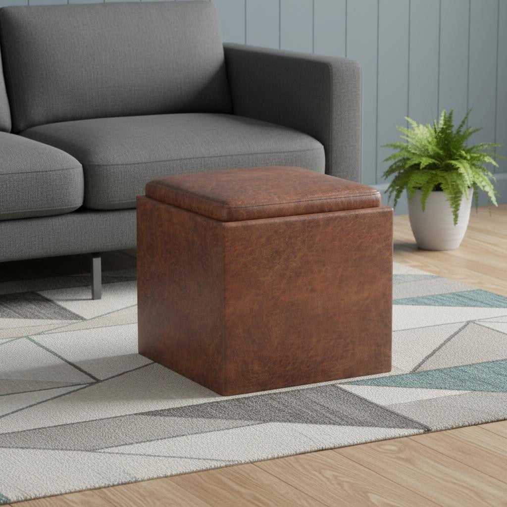17" Brown Faux Leather Cube Ottoman With Storage