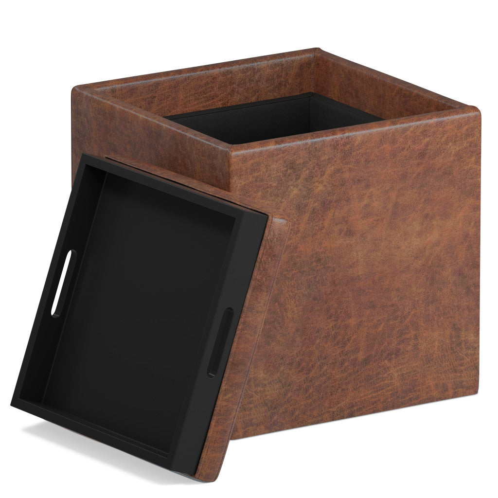 17" Brown Faux Leather Cube Ottoman With Storage