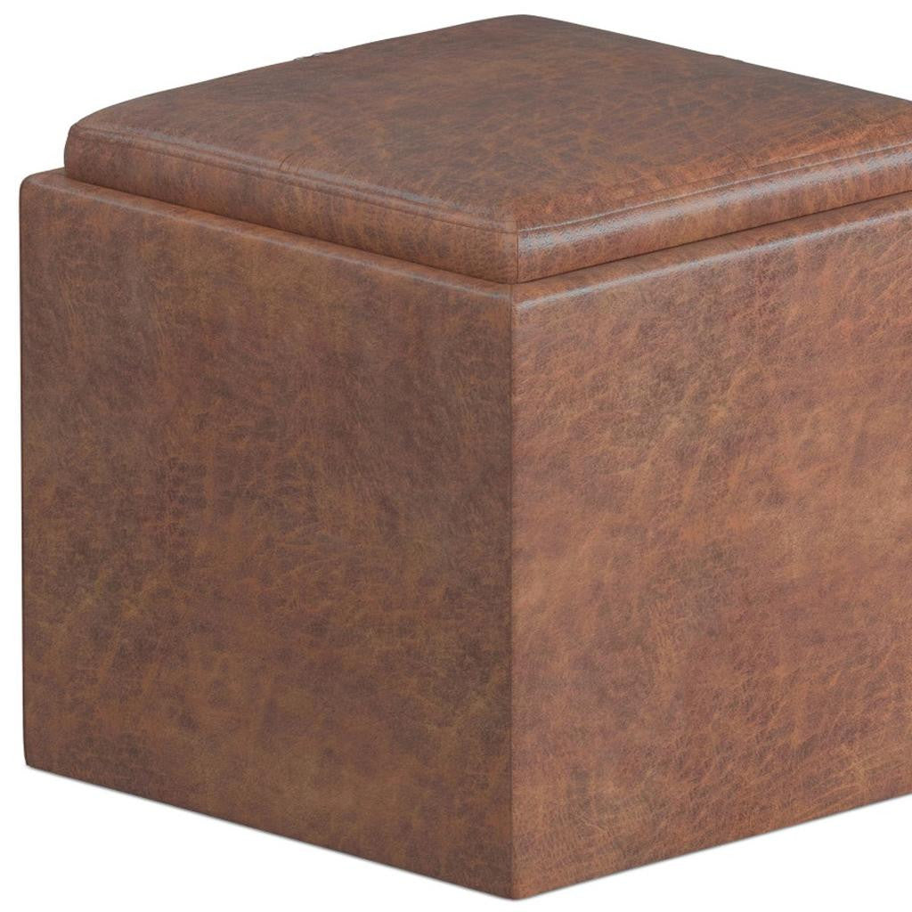 17" Brown Faux Leather Cube Ottoman With Storage