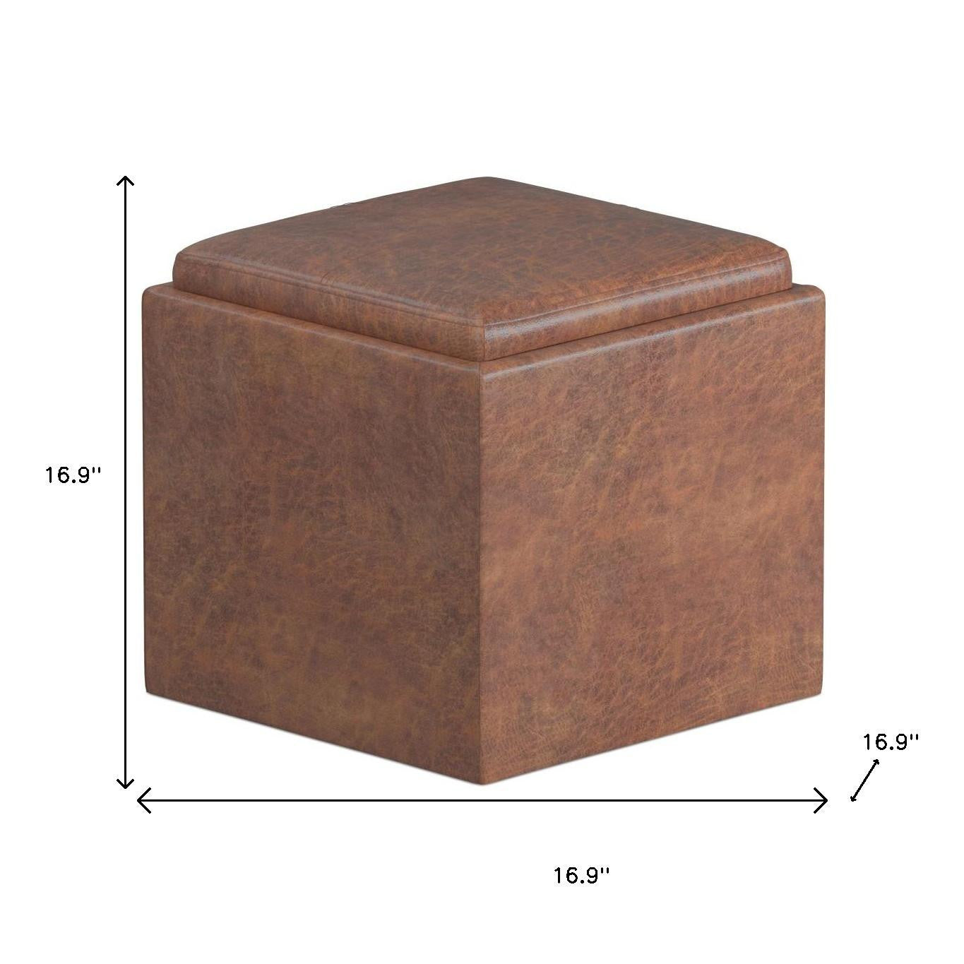 17" Brown Faux Leather Cube Ottoman With Storage