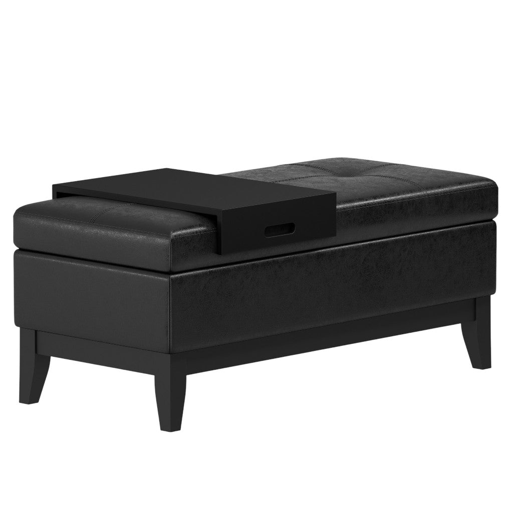 42" Black and Dark Brown Tufted Faux Leather and Solid Wood Upholstered Storage Bench With Tray