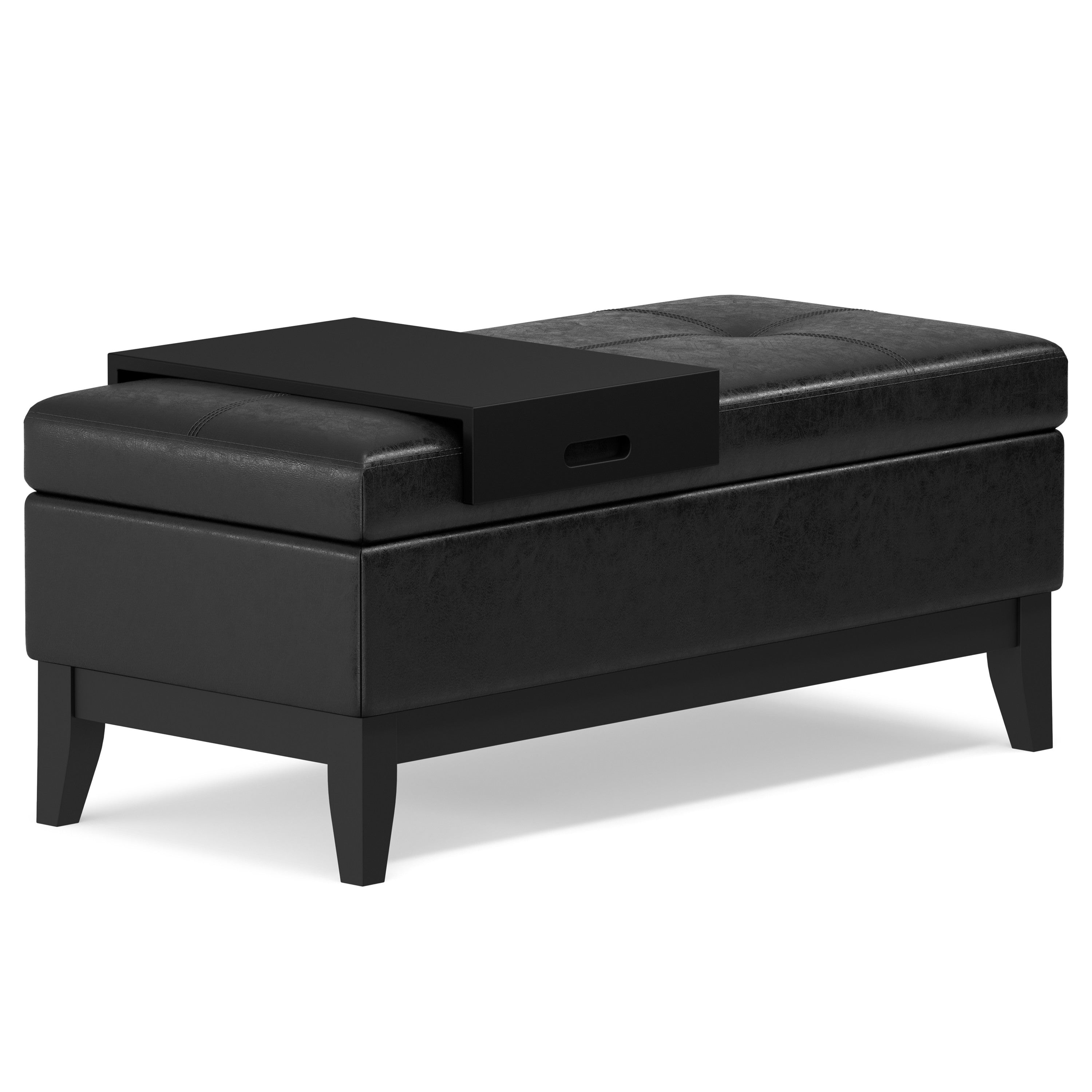 42" Black and Dark Brown Tufted Faux Leather and Solid Wood Upholstered Storage Bench With Tray