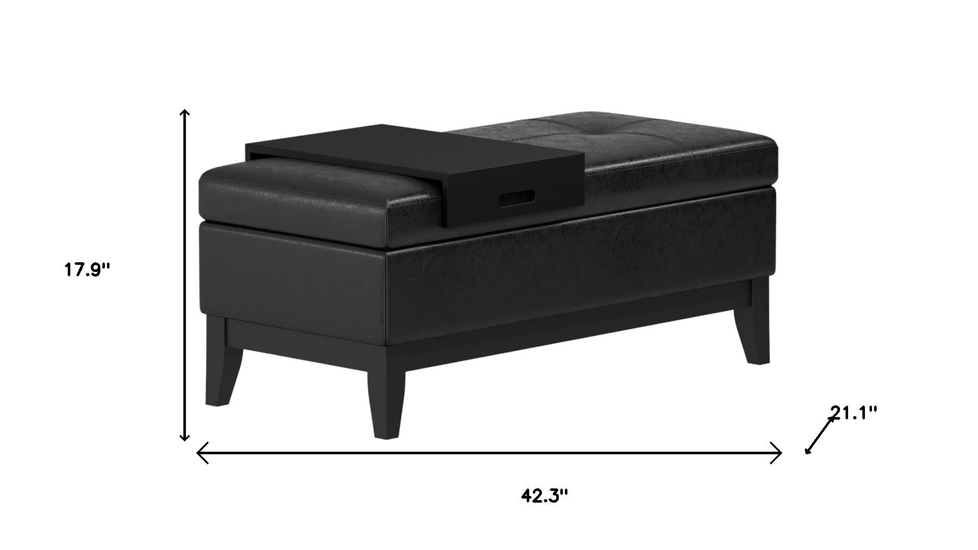 42" Black and Dark Brown Tufted Faux Leather and Solid Wood Upholstered Storage Bench With Tray