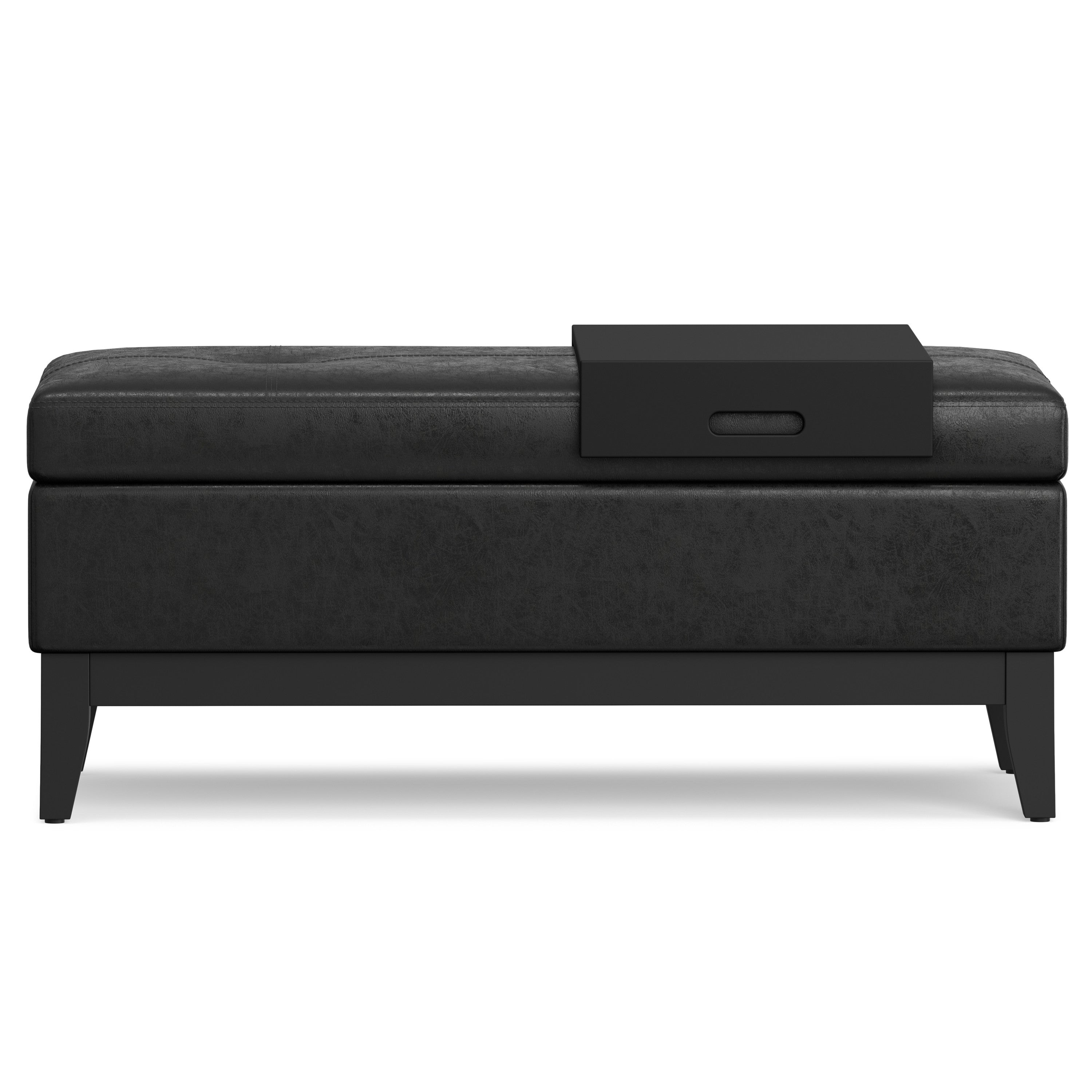 42" Black and Dark Brown Tufted Faux Leather and Solid Wood Upholstered Storage Bench With Tray