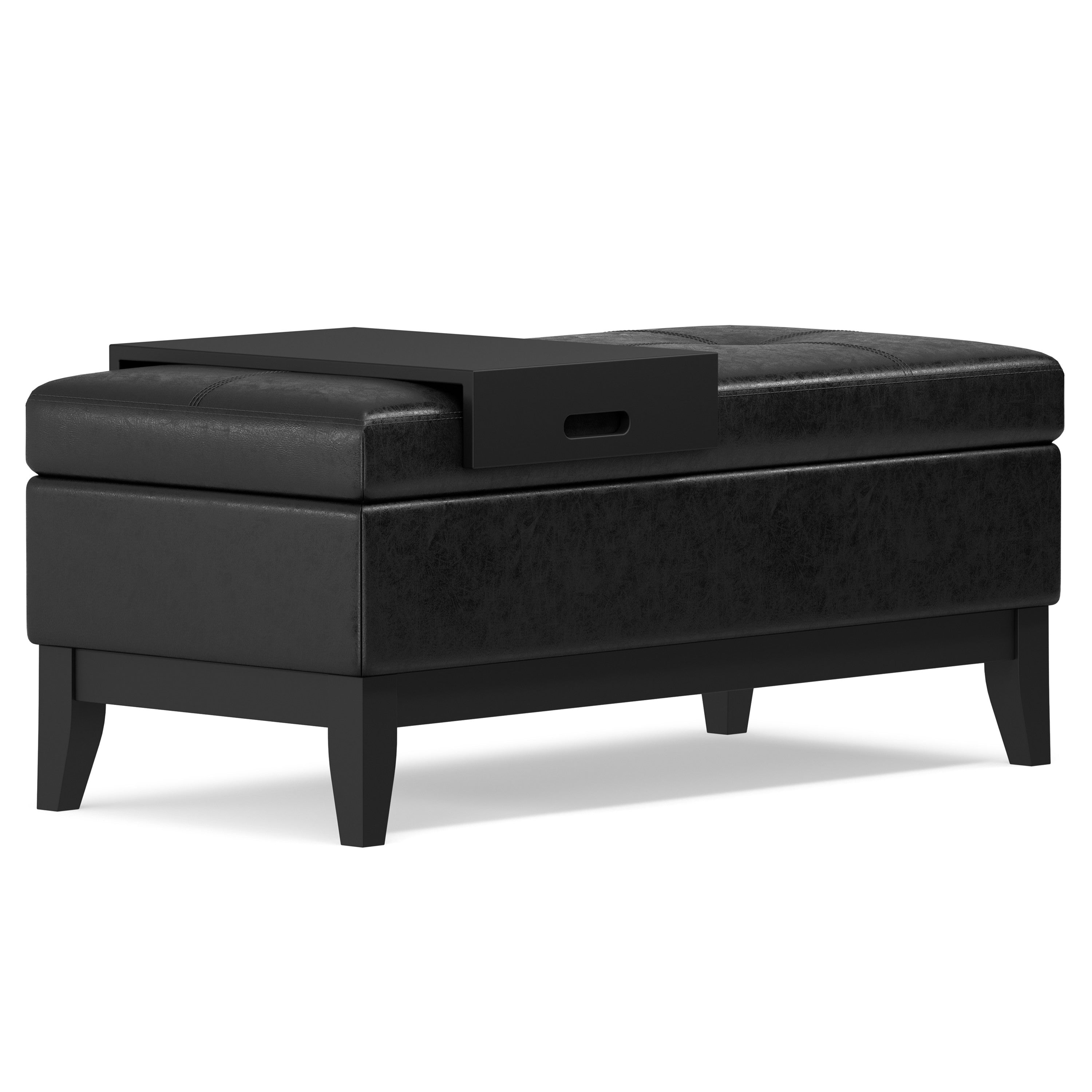 42" Black and Dark Brown Tufted Faux Leather and Solid Wood Upholstered Storage Bench With Tray