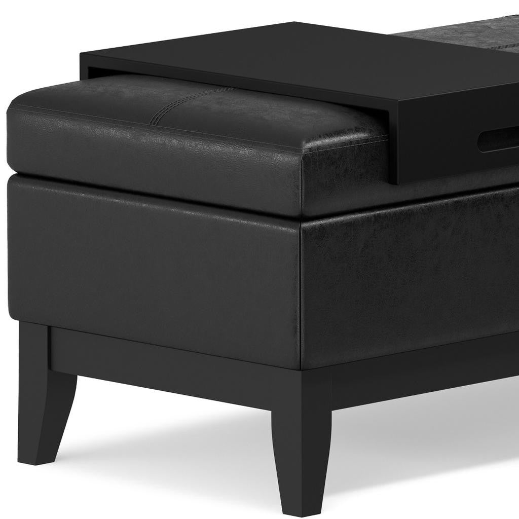 42" Black and Dark Brown Tufted Faux Leather and Solid Wood Upholstered Storage Bench With Tray