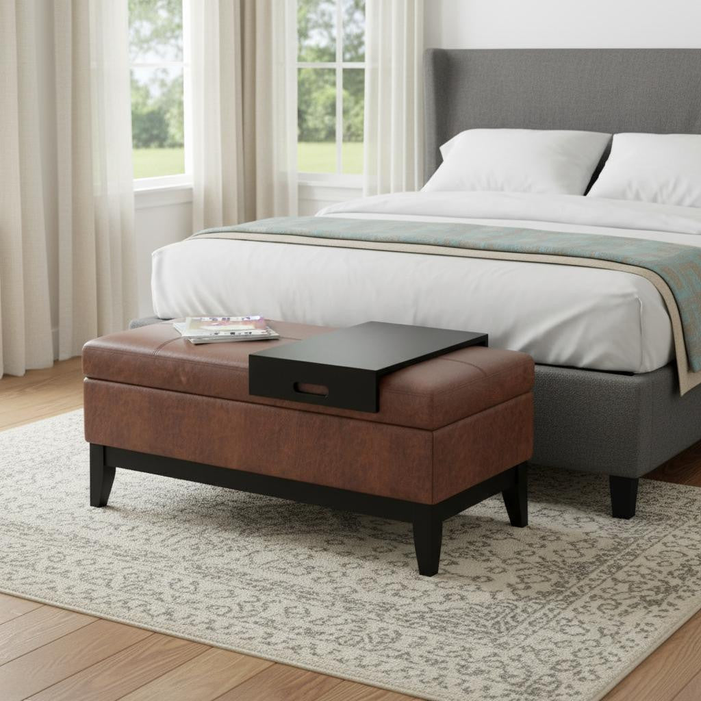 42" Saddle Brown and Dark Brown Tufted Faux Leather and Solid Wood Upholstered Storage Bench With Tray