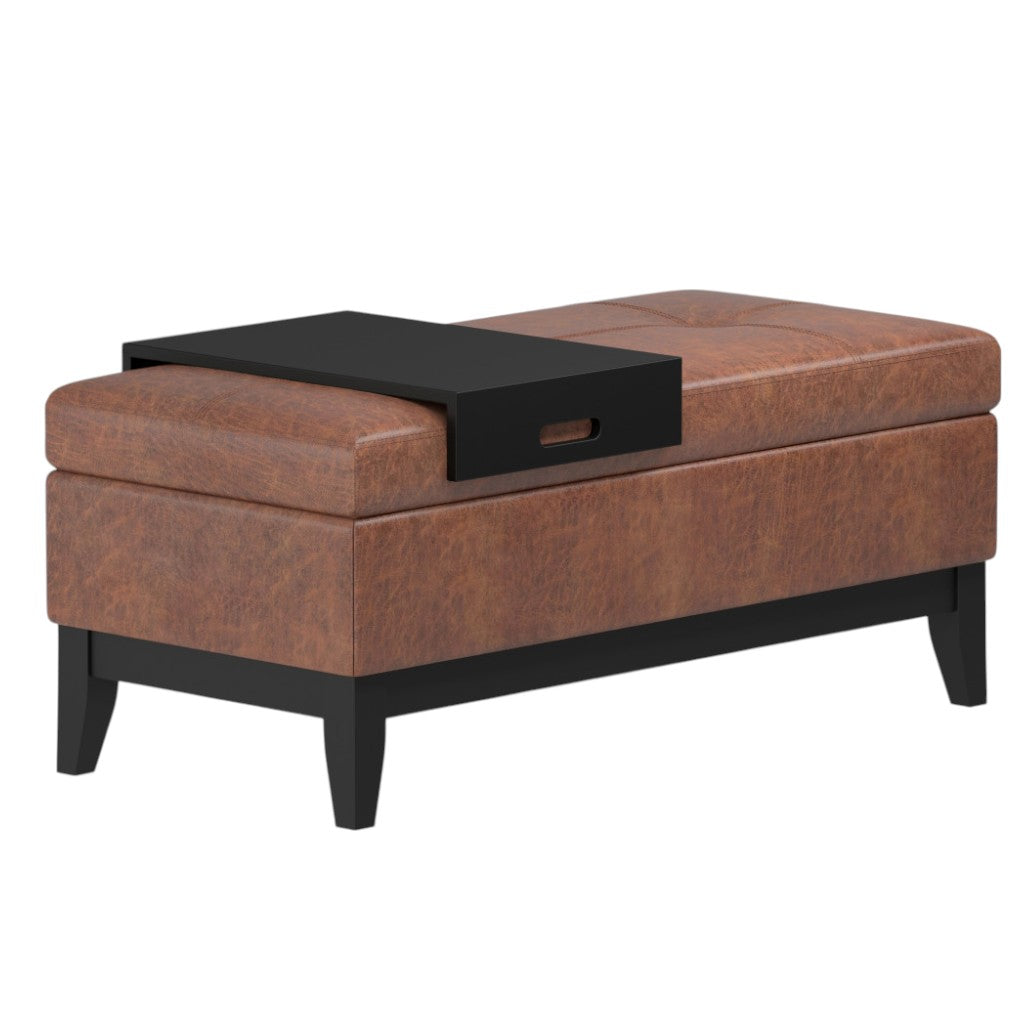 42" Saddle Brown and Dark Brown Tufted Faux Leather and Solid Wood Upholstered Storage Bench With Tray