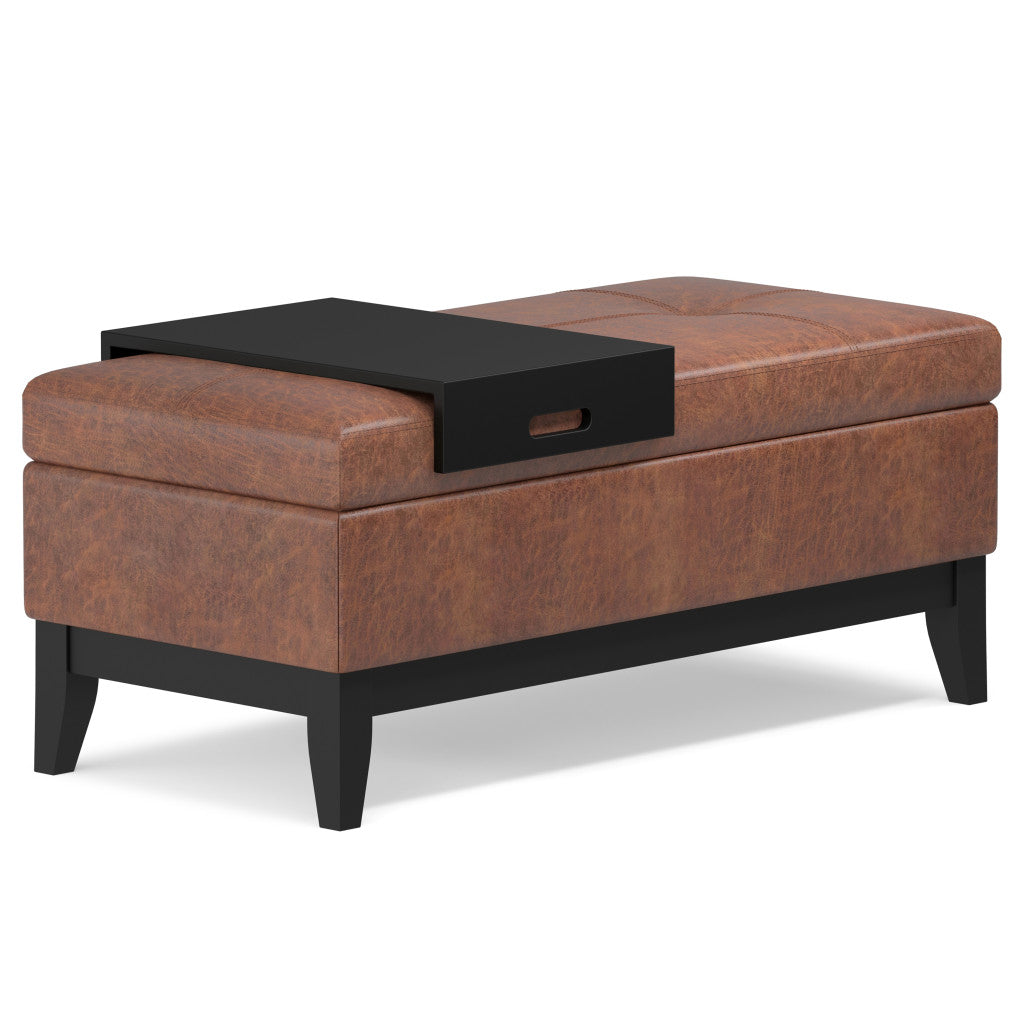 42" Saddle Brown and Dark Brown Tufted Faux Leather and Solid Wood Upholstered Storage Bench With Tray