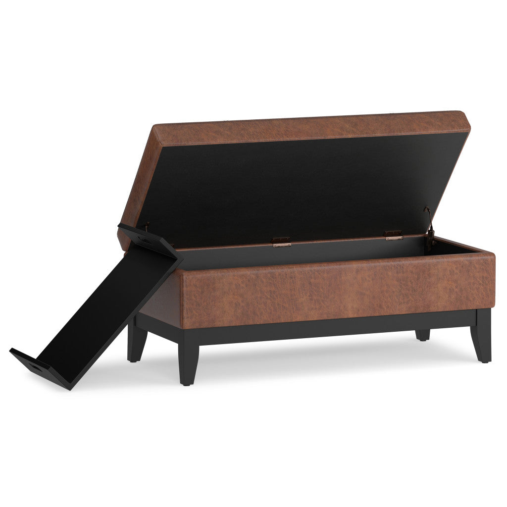 42" Saddle Brown and Dark Brown Tufted Faux Leather and Solid Wood Upholstered Storage Bench With Tray