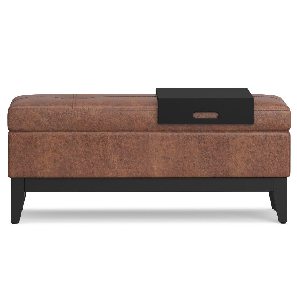 42" Saddle Brown and Dark Brown Tufted Faux Leather and Solid Wood Upholstered Storage Bench With Tray