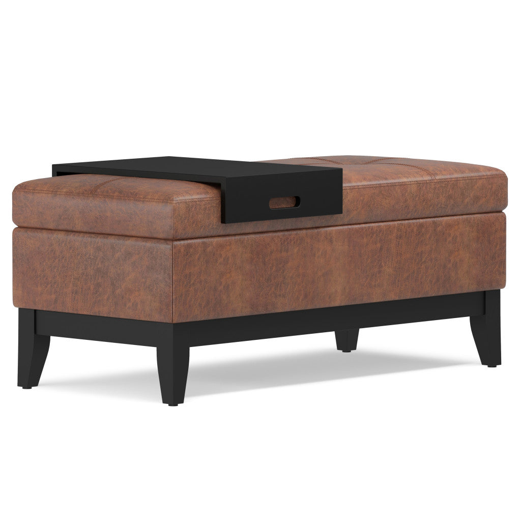 42" Saddle Brown and Dark Brown Tufted Faux Leather and Solid Wood Upholstered Storage Bench With Tray