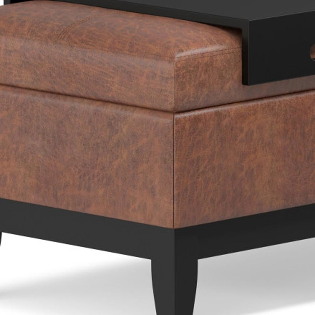 42" Saddle Brown and Dark Brown Tufted Faux Leather and Solid Wood Upholstered Storage Bench With Tray