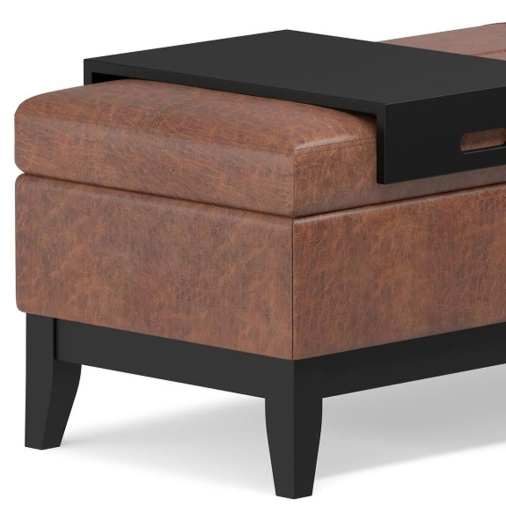 42" Saddle Brown and Dark Brown Tufted Faux Leather and Solid Wood Upholstered Storage Bench With Tray