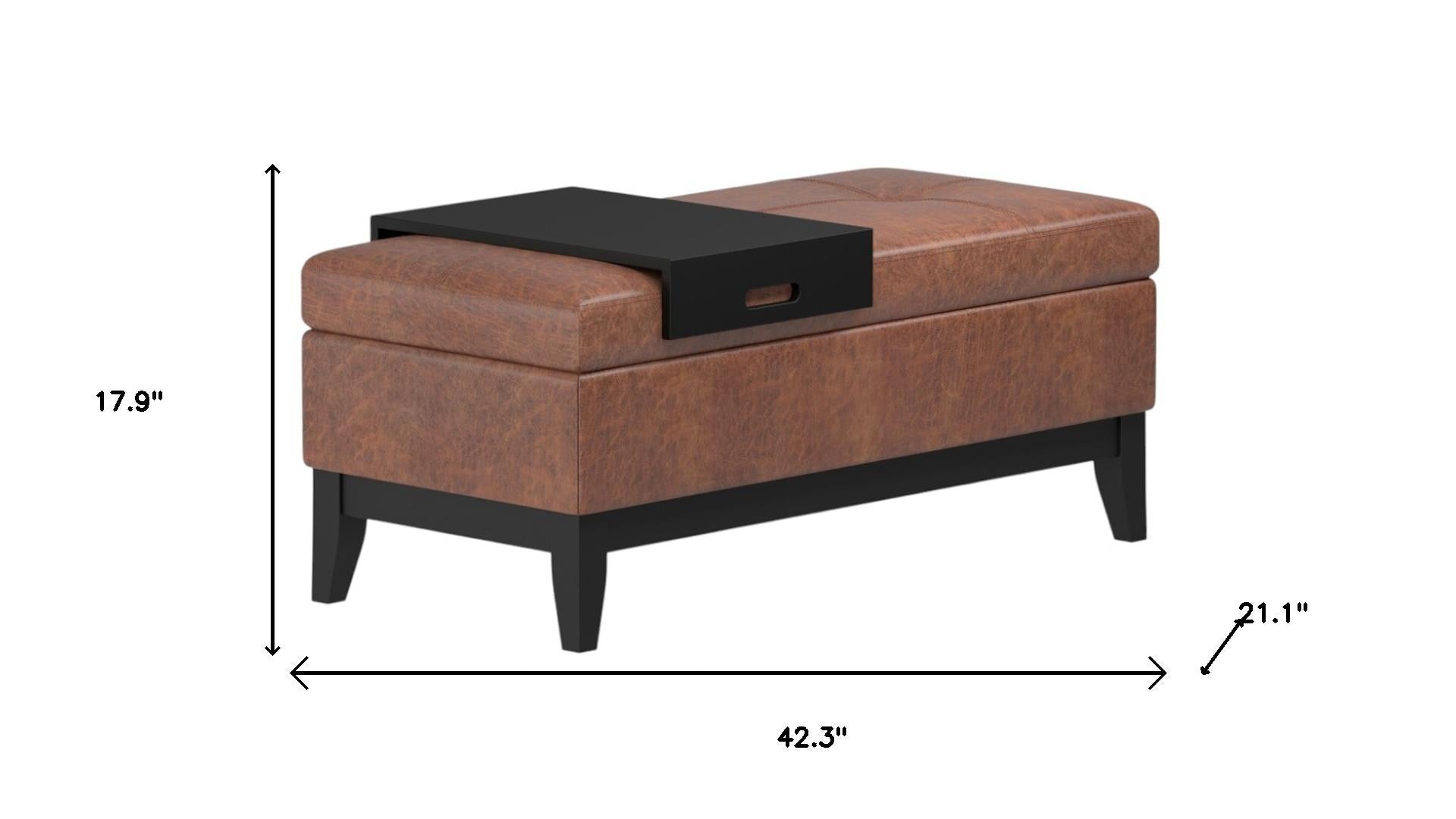 42" Saddle Brown and Dark Brown Tufted Faux Leather and Solid Wood Upholstered Storage Bench With Tray